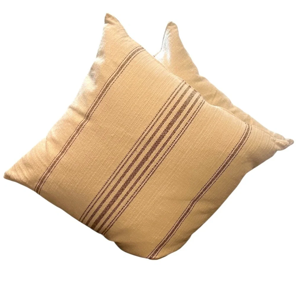 Pair Handwoven Neutral blush,‎ tribal ethnic striped square feathers pillows